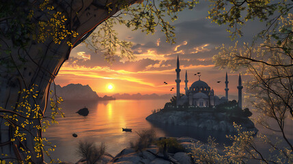 Wall Mural - beautiful mosque in scenic nature landscape, part 12