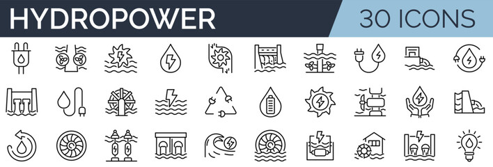 set of 30 outline icons related to hydropower. linear icon collection. editable stroke. vector illus