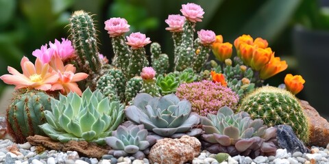 Wall Mural - Diverse arrangement of vibrant pink and orange flowering succulents and cacti against a blurred green background with pebbles in the foreground.