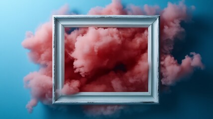 Wall Mural - Pink Cloud Dream: A Surreal Composition of a White Frame and Cotton Candy Clouds