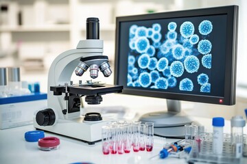 Aufkleber - Laboratory setup featuring microscopes, test tubes, and bacteria visuals on a monitor with various equipment. Generative AI