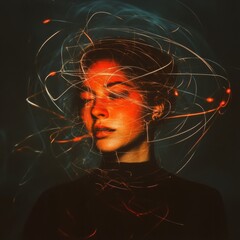 Poster - Person with swirls of light and abstract shapes surrounding them in a creative moment at night. Generative AI