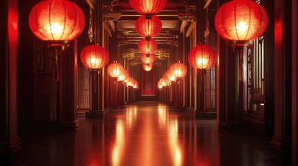 Poster - A beautiful corridor illuminated by glowing red lanterns, creating a captivating and warm atmosphere filled with traditional charm.
