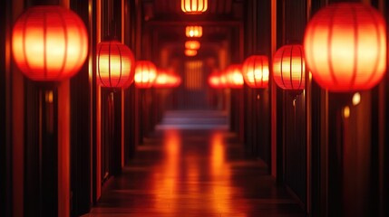 Poster - A beautiful corridor illuminated by glowing red lanterns, creating a captivating and warm atmosphere filled with traditional charm.