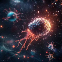 Fototapete - Magnified human cell under viral attack revealing intricate interactions in a microbial battle. Generative AI