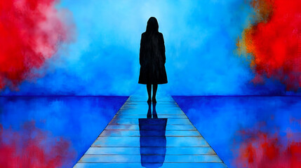 Sticker - A silhouette stands on a reflective pathway, surrounded by vibrant blue, red, and smoky hues, creating a mysterious, dreamlike atmosphere.