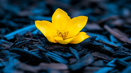 Sticker - A vibrant yellow flower stands out against a dark, textured background of mulch, creating a striking contrast in color and natural beauty.