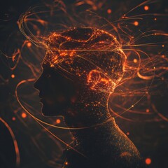 Fototapete - Person immersed in swirling abstract shapes and lines, representing creativity and thought in a digital landscape. Generative AI
