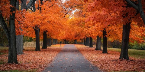 Poster - Vibrant orange and red-brown leaves blanket a pathway flanked by trees in a serene autumn forest scene within a city park during fall.