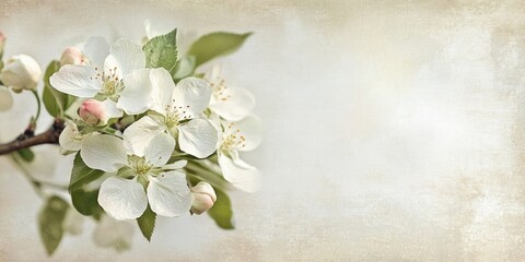 Wall Mural - Delicate white apple blossoms on a textured soft background with green leaves on the left side creating ample copy space on the right side