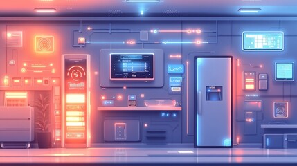 Futuristic technology control room with glowing screens and interfaces.