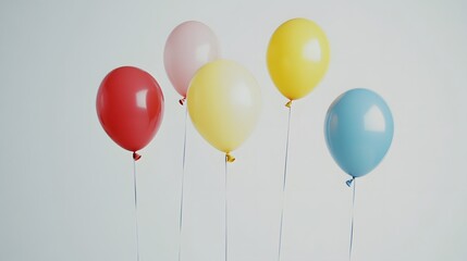 Colorful balloons in playful arrangement, bright red yellow blue green balloons floating against a light background, festive theme.