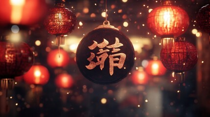 Wall Mural - A festive Chinese New Year sign showcasing the character (Reunion), with red lanterns and golden patterns.