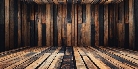 Wall Mural - Rustic wooden interior backdrop with dark and light brown tones, vertical plank arrangement, empty space for text or product placement.