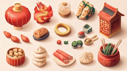 A festive collection of Chinese New Year icons for 2025, featuring firecrackers, red lanterns, golden snakes,