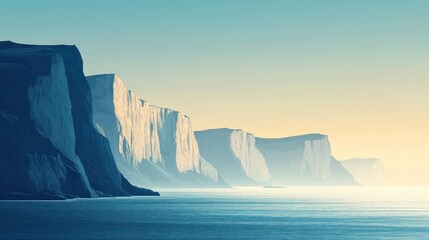 Wall Mural - Serene coastal cliffs at sunrise, calm ocean.