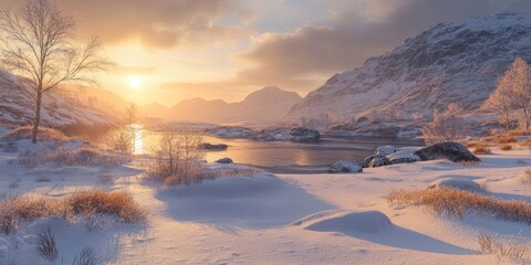 Poster - Winter highlands landscape at sunrise with golden hues reflecting on tranquil river, snow-covered hills, and serene atmosphere in soft light.