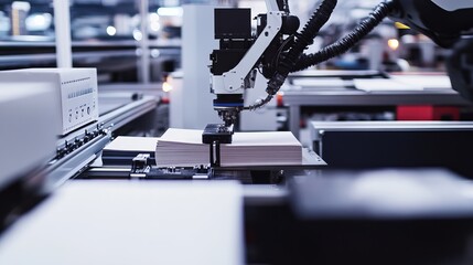 Wall Mural - a robot handling automated book binding in a sleek, high-tech printing press with clean, organized b