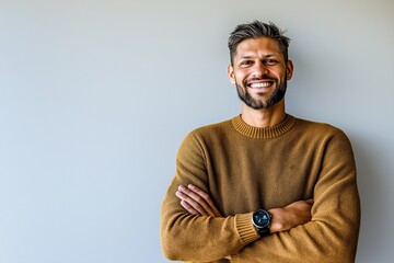 Wall Mural - A man with a watch on his wrist is smiling and posing for a picture. He is wearing a brown sweater and has his arms crossed