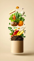 Wall Mural - A vibrant display of fresh vegetables and fruits floating above soil in a creative, artistic composition on a neutral background.