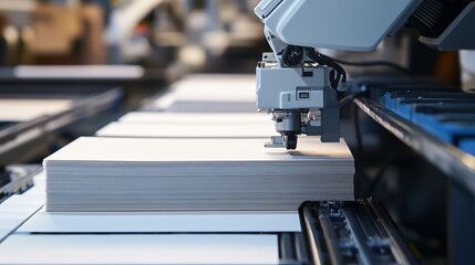 Wall Mural - a robot handling automated book binding in a sleek, high-tech printing press with clean, organized b