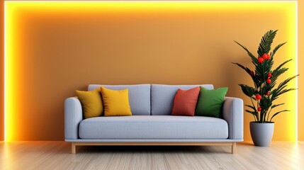 Wall Mural - A couch with pillows and a potted plant in front of a wall