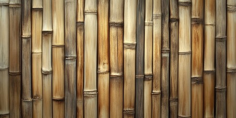 Wall Mural - Bamboo wood background with natural light brown and beige tones arranged vertically creating a textured surface ideal for design placements.