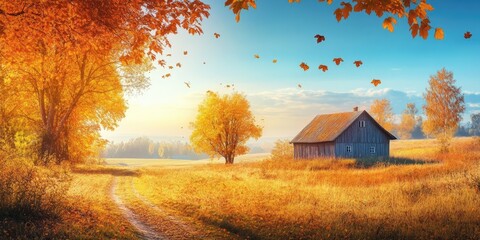 Poster - Autumn landscape with rustic wooden cabin surrounded by vibrant orange and yellow leaves under a clear blue sky with golden sunlight streaming in