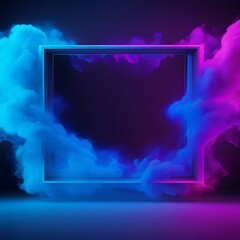 Abstract blue Neon light  3d Frame with Colorful Smoke Background