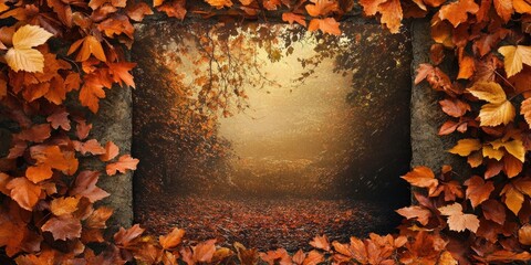 Poster - Autumn landscape framed by vibrant orange and golden leaves with a misty background and soft lighting creating a serene atmosphere.