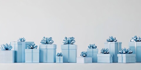 Wall Mural - Arrangement of various blue gift boxes with floral bows on a clean white backdrop showcasing depth and texture in a festive setting