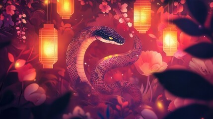 Wall Mural - A modern ema illustration for the Year of the Snake, featuring a sleek and abstract snake design surrounded by soft floral patterns and glowing lanterns