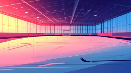 Wall Mural - Empty ice hockey rink with stick, sunset light.