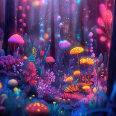 Poster - Exploring a magical microscopic ecosystem filled with vibrant microbes and colorful fungi in an enchanting forest. Generative AI