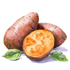 A watercolor drawing of a sweet potato, isolated on a white background. Sweet potato vector.
