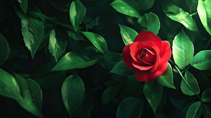 Wall Mural - Romantic red rose with perfect petals nestled in lush green leaves, close-up shot for love themes, room for copy