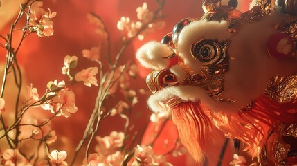 Wall Mural - A traditional Chinese New Year background with a lion dance and blooming flowers. The lion signifies luck and power,