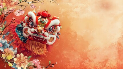 Wall Mural - A traditional Chinese New Year background with a vibrant lion dance and colorful flower branches.