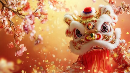 Wall Mural - A traditional Chinese New Year background with a vibrant lion dance and colorful flower branches.