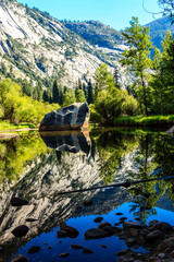 Wall Mural - A large rock sits in the middle of a river, surrounded by trees