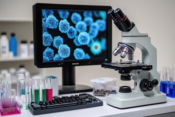 Aufkleber - Laboratory study of bacteria using microscopes and test tubes in a modern scientific environment. Generative AI