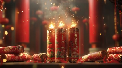 Wall Mural - A traditional Chinese New Year setting with firecrackers ready to be ignited. The red and gold colors of the firecrackers,