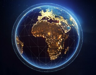 Wall Mural - a stunning digital globe representation showcasing africa at night illuminated with city lights against a dark backdrop