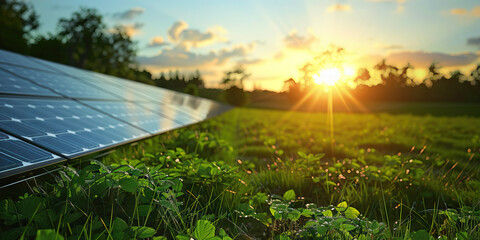 Solar Panel Array at Sunset in Grassy Field