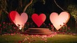 © chanchai - Romantic Garden Stage: A captivating nighttime scene featuring three large illuminated heart shapes, set against a backdrop of lush greenery and rose bushes, creates a magical and romantic atmosphere.