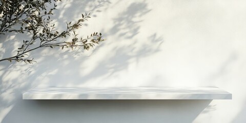 Canvas Print - Bright white wooden shelf against a pale wall with soft shadows from nearby foliage creating a serene summer ambiance illuminated by natural light