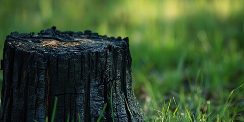 Burnt wood stump with intricate texture in foreground surrounded by softly blurred vibrant green grass in natural outdoor setting.