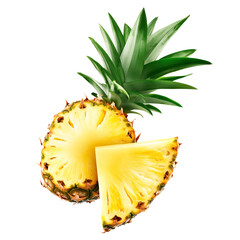 Wall Mural - Half of a fresh pineapple with bright yellow flesh and green spiky leaves, isolated on white transparent background, symbolizing tropical freshness