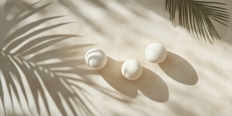 Canvas Print - White ceramic spheres arranged on a textured beige surface with palm leaf shadows creating a serene tropical still life in soft natural light