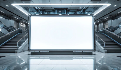 A large blank billboard in a modern building with stairs on each side.